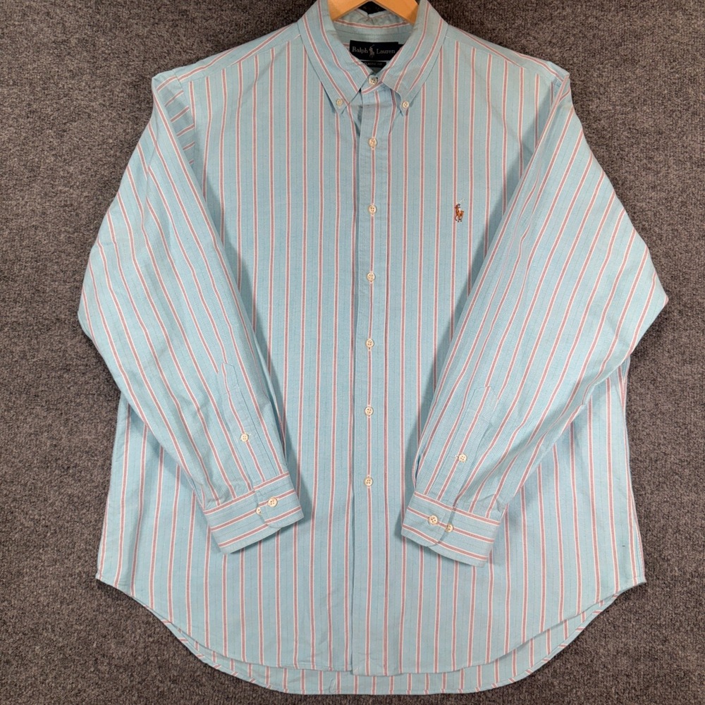 Ralph Lauren Classic Fit Button Down Shirt Mens 17.5 34/35 Blue Pink Striped